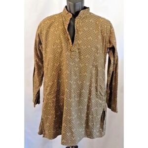 Khadi India Shirt Long with Pockets Brown Print Collarless Size 77 100